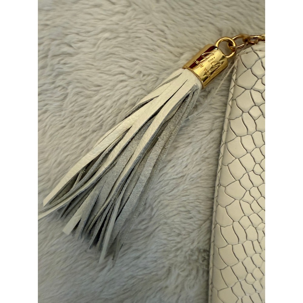 GiGi New York White Python Embossed Leather Tassel Clutch Bag Gold Hardware - Picture 4 of 9